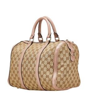 Gucci Bag Boston Shoulder GG Pink Canvas Beige Leather Tan